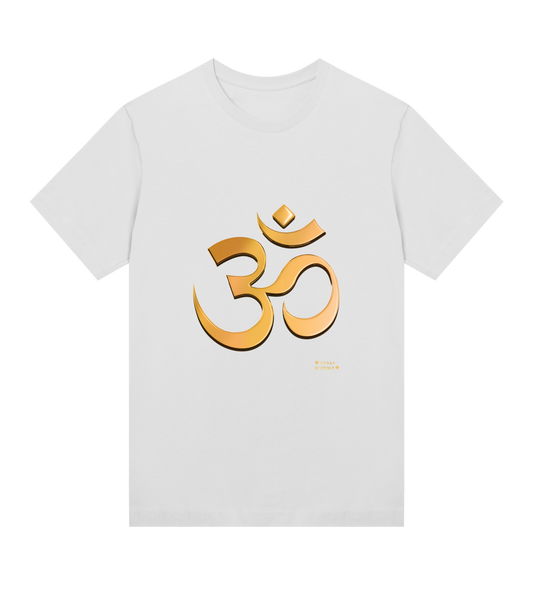 womens- white-organic-t-shirt-with-golden-om-symbol-vegan-sykrider