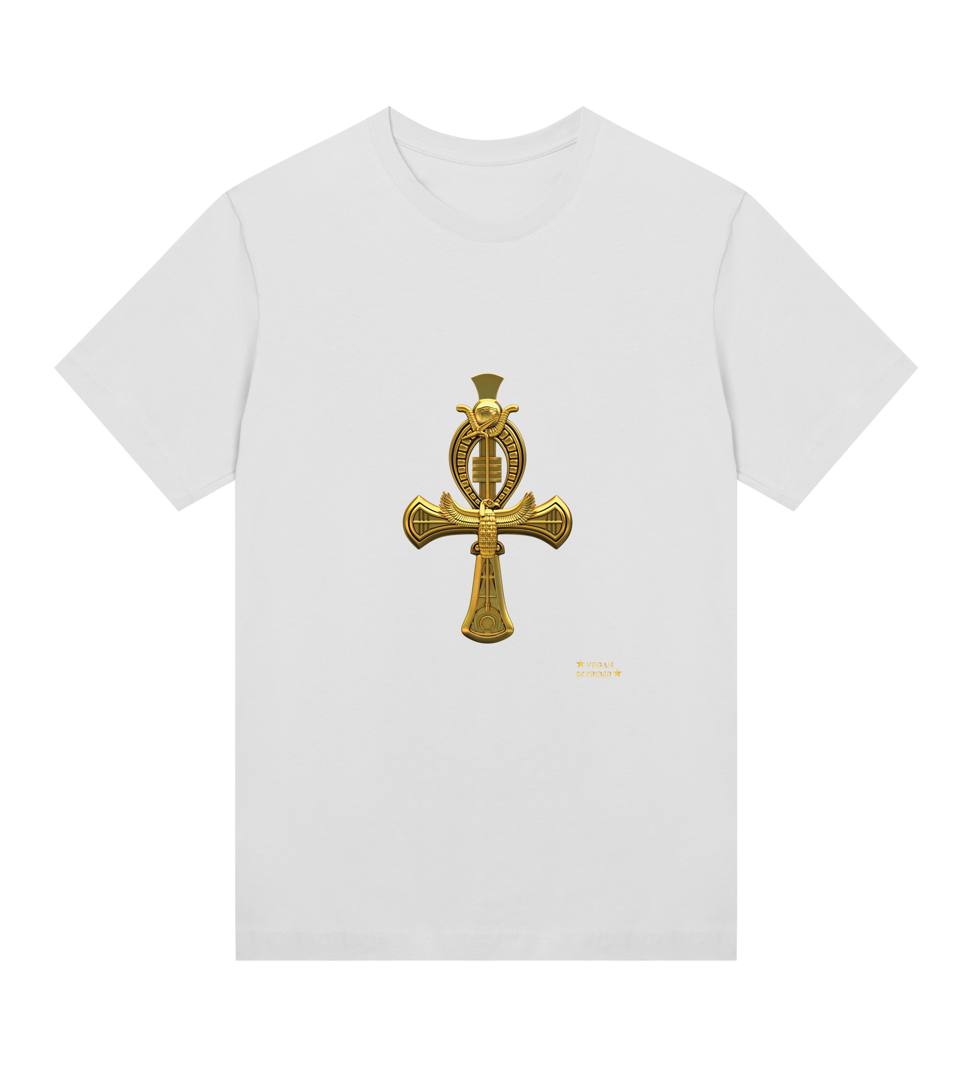 white-organic-womens-t-shirt-with-golden ankh-cross-motive