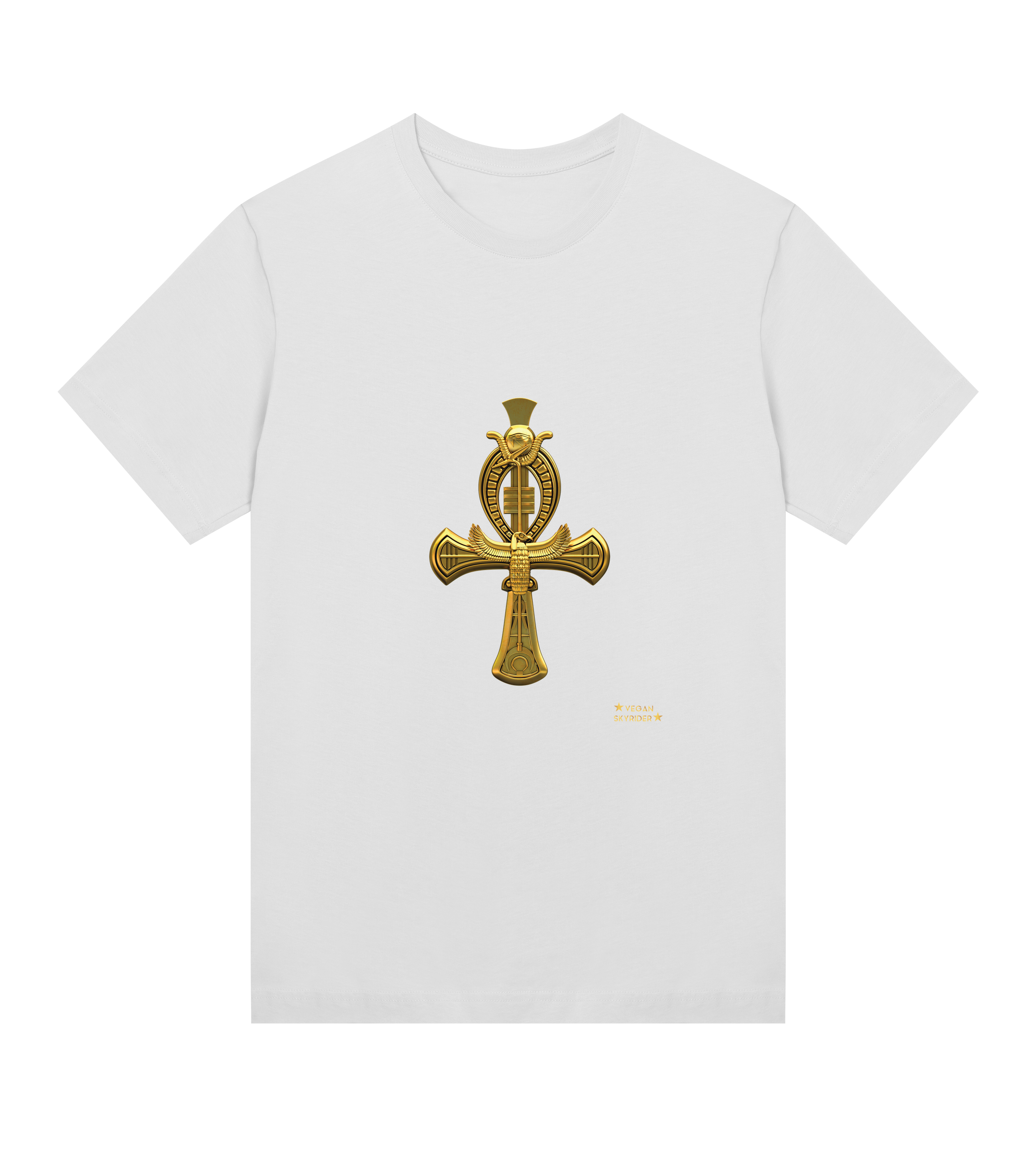 white-organic-womens-t-shirt-with-golden ankh-cross-motive