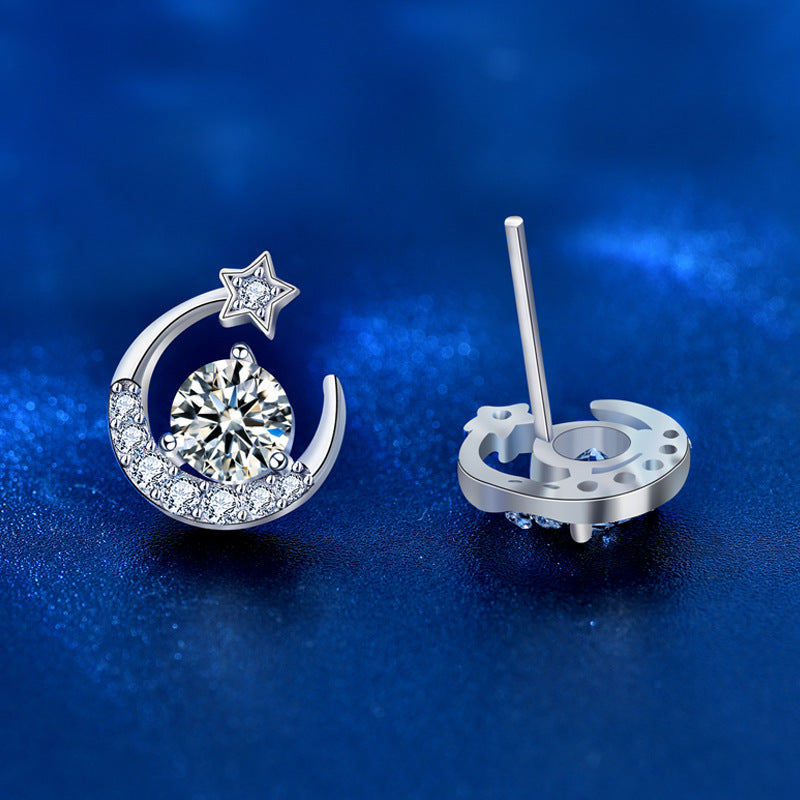 Starseed Mossanite  diamond star ear studs with crescent moon 925 silver