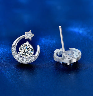 Starseed Mossanite  diamond star ear studs with crescent moon 925 silver