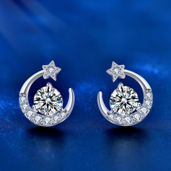 Starseed Mossanite  diamond star ear studs with crescent moon 925 silver