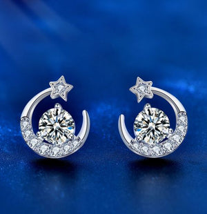 Starseed Mossanite  diamond star ear studs with crescent moon 925 silver